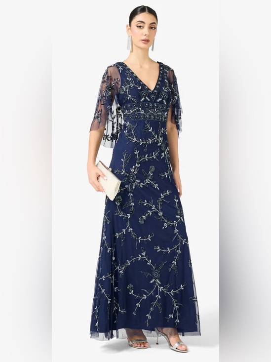 Adrianna Papell Dresses & Skirts - ADRIANNA PAPELL Navy Blue Beaded Mesh Blouson Column Gown. Size 8. NWT.